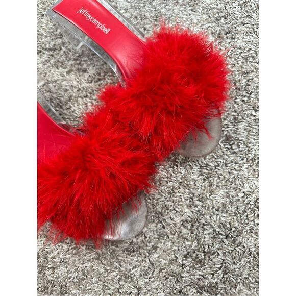 JEFFREY CAMPBELL Luxuries Feather Sandal Acrylic Heels Red Genuine Feathers 11 - Picture 13 of 15